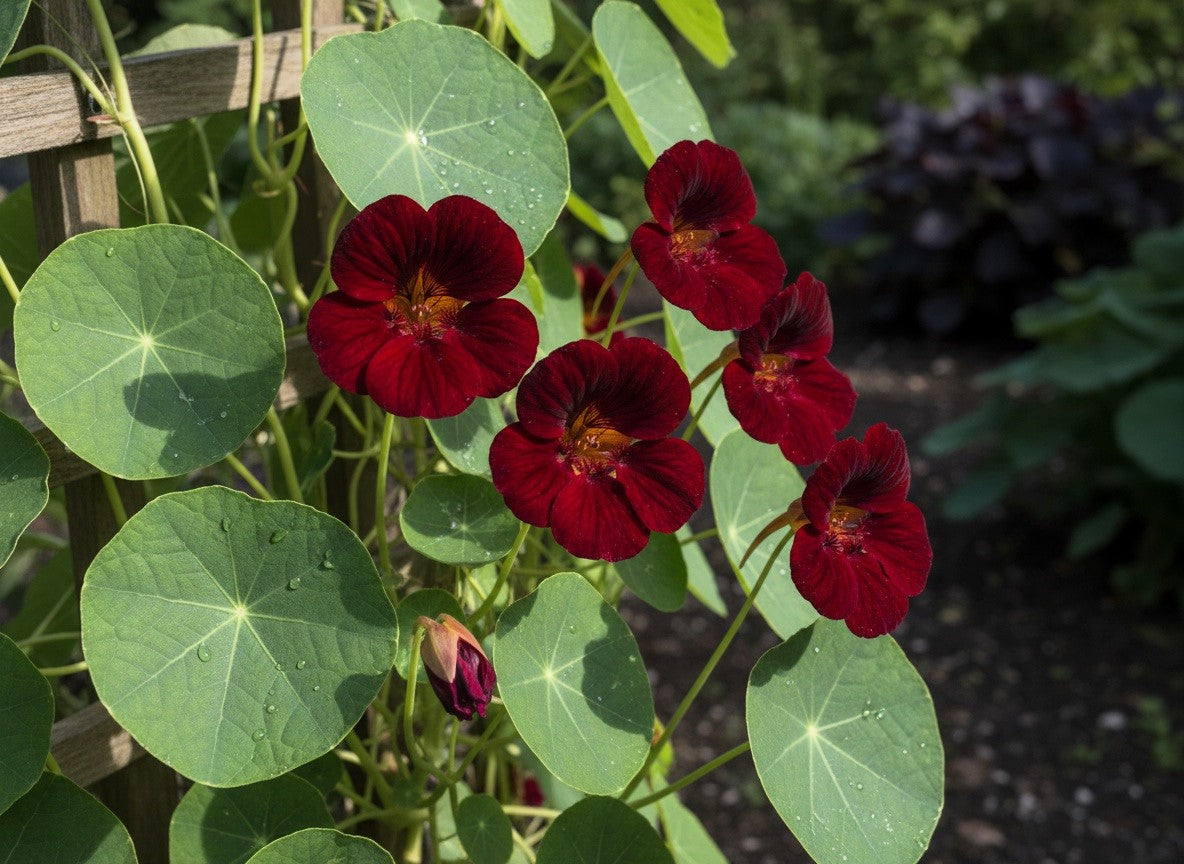 20 BLACK VELVET NASTURTIUM Tropaeolum Majus Dark Maroon Red Hummingbird Flower Seeds