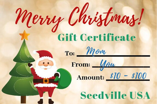 Seedville USA Shop Gift Certificate - Christmas Design - By Email or Postal Mail - You Choose Amount