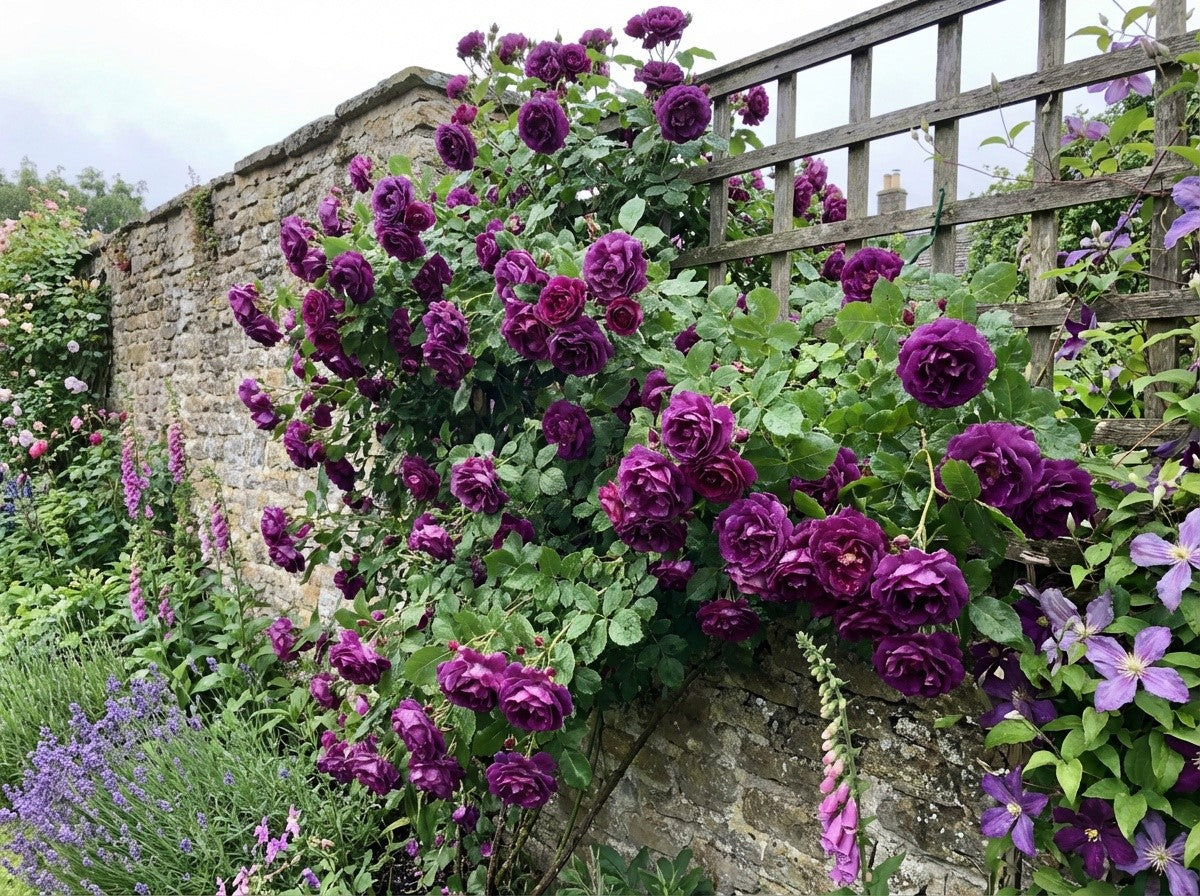 5 PURPLE CLIMBING ROSE Rosa Bush Vine Climber Fragrant Butterfly