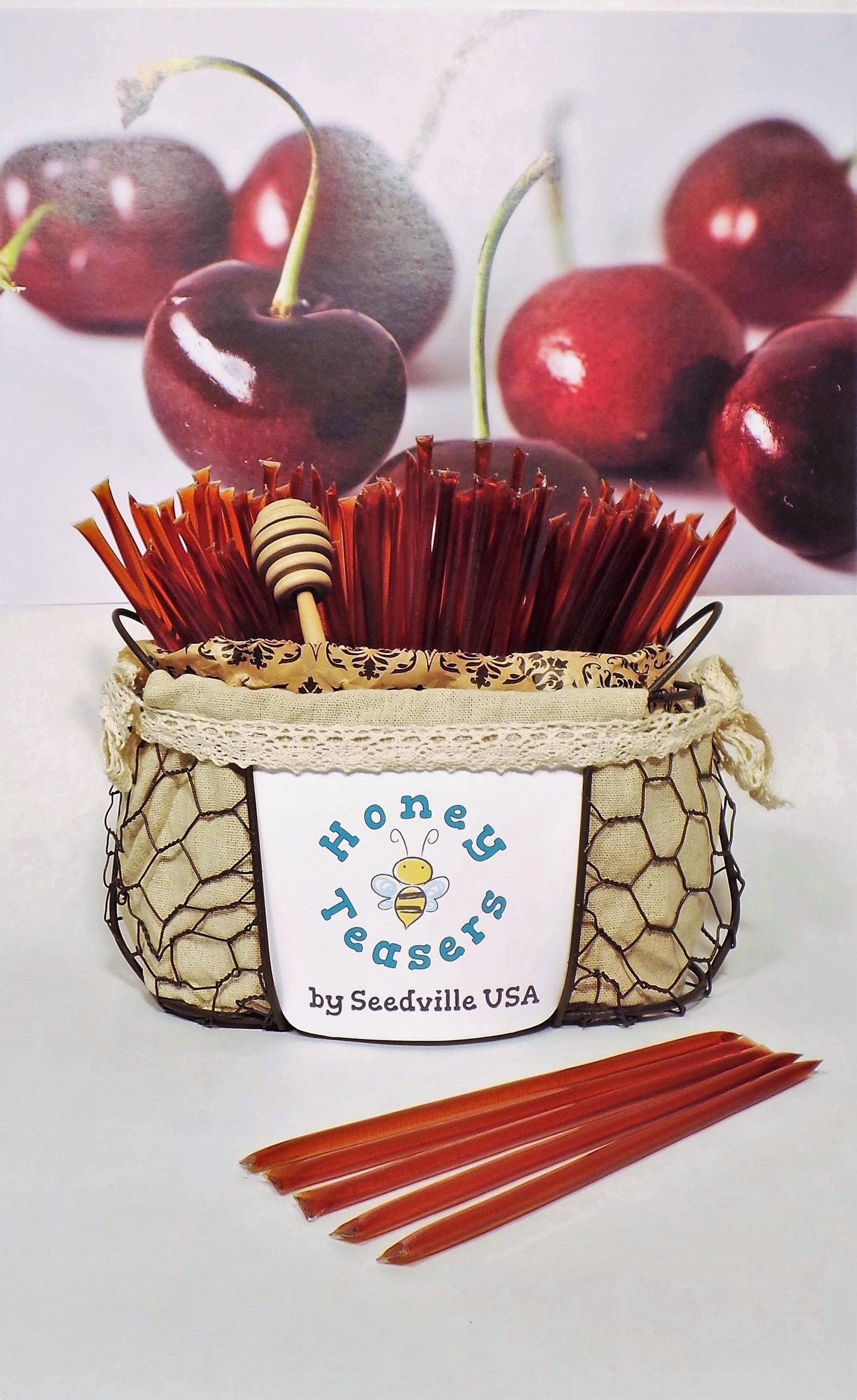 5 Pack CHERRY HONEY TEASERS Natural Honey Snack Sticks Honeystix Straws