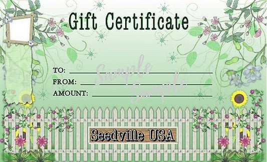 Seedville USA Shop Gift Certificate - Garden Gate Design - By Email or Postal Mail - You Choose Amount