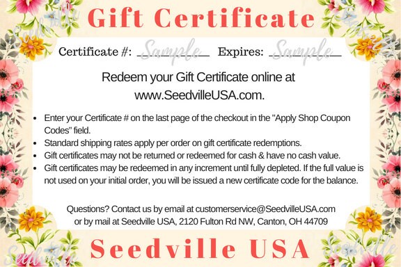 Seedville USA Shop Gift Certificate - Vintage Floral Design - By Email or Postal Mail - You Choose Amount