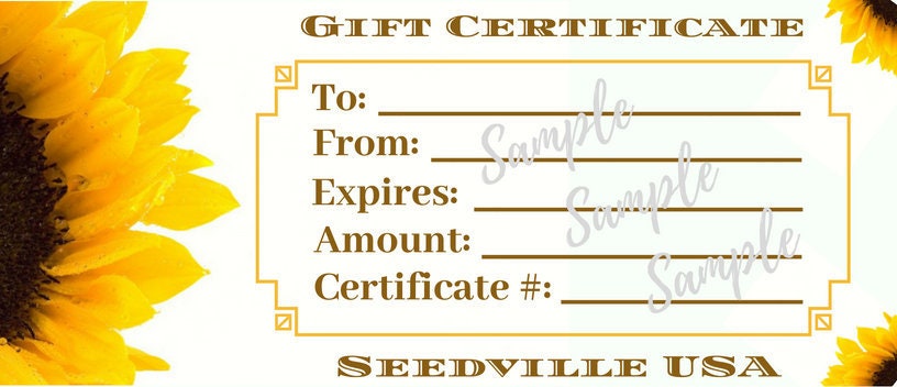 Seedville USA Shop Gift Certificate - Sunflower Design - By Email or Postal Mail - You Choose Amount