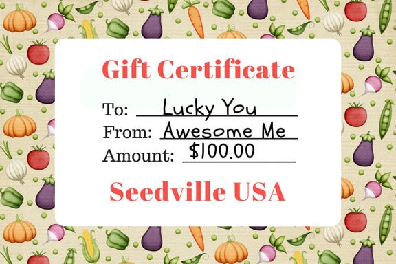 Seedville USA Shop Gift Certificate - Veggie Lovers Design - By Email or Postal Mail - You Choose Amount