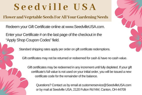 flower seeds mail order Seedville USA Shop Gift Certificate - Pink Flower Design