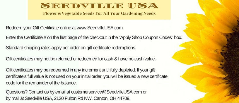 Seedville USA Shop Gift Certificate - Sunflower Design - By Email or Postal Mail - You Choose Amount