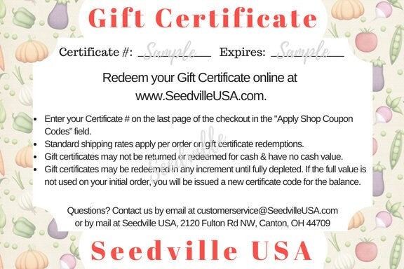 Seedville USA Shop Gift Certificate - Veggie Lovers Design - By Email or Postal Mail - You Choose Amount