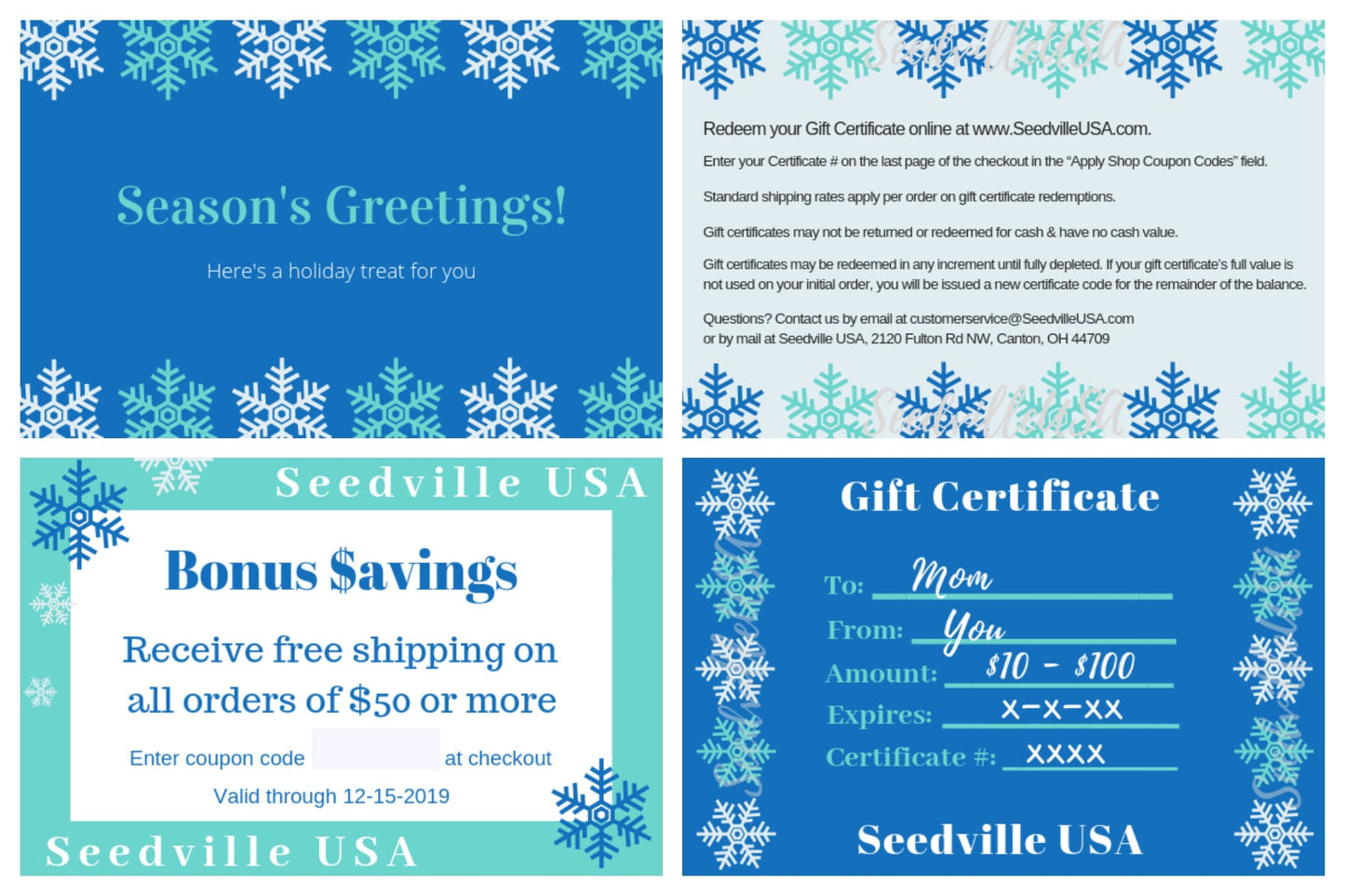 Seedville USA Shop Gift Certificate - Season's Greetings Hanukkah or Christmas Design - By Email or Postal Mail - You Choose Amount