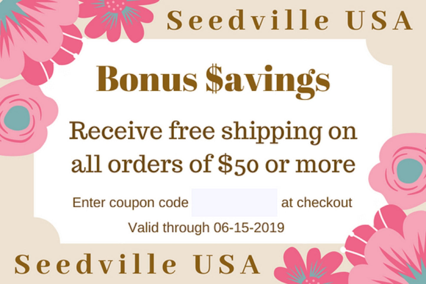 Seedville USA Shop Gift Certificate - Pink Flower Design - By Email or Postal Mail - You Choose Amount